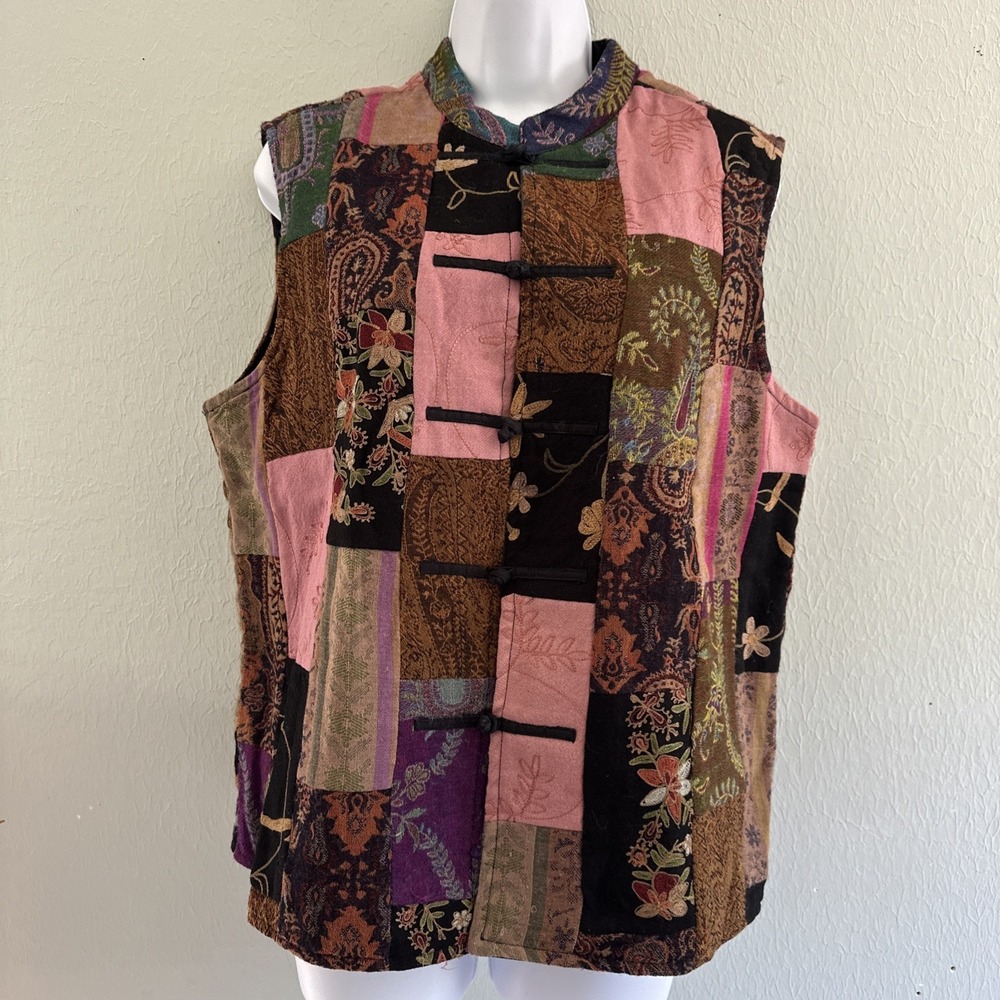 Vintage Coldwater Creek Women's L Patchwork Wool Blend Vest Boho Unique Quilt